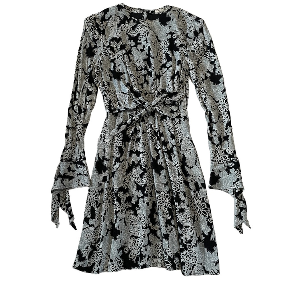 1980s Giorgio Armani Vtg Designer Print Long Sleeve Tie Detail Dress Size 6-8